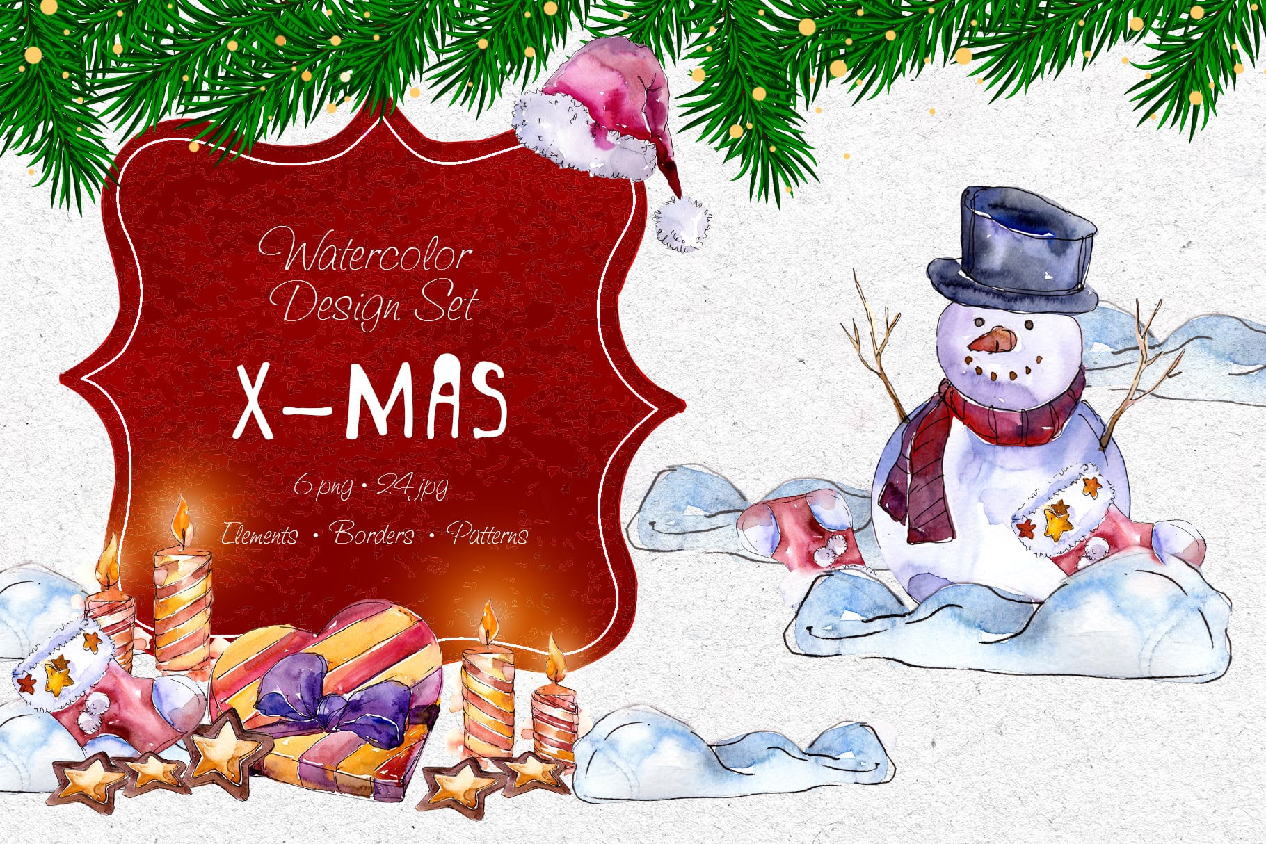 Hand drawn watercolor picture with traditional characters for Christmas.