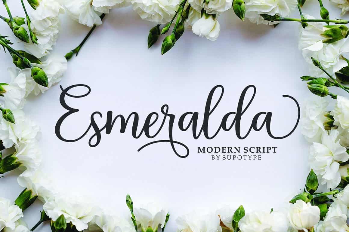Font with swirls and cursive, surrounded by flowers.