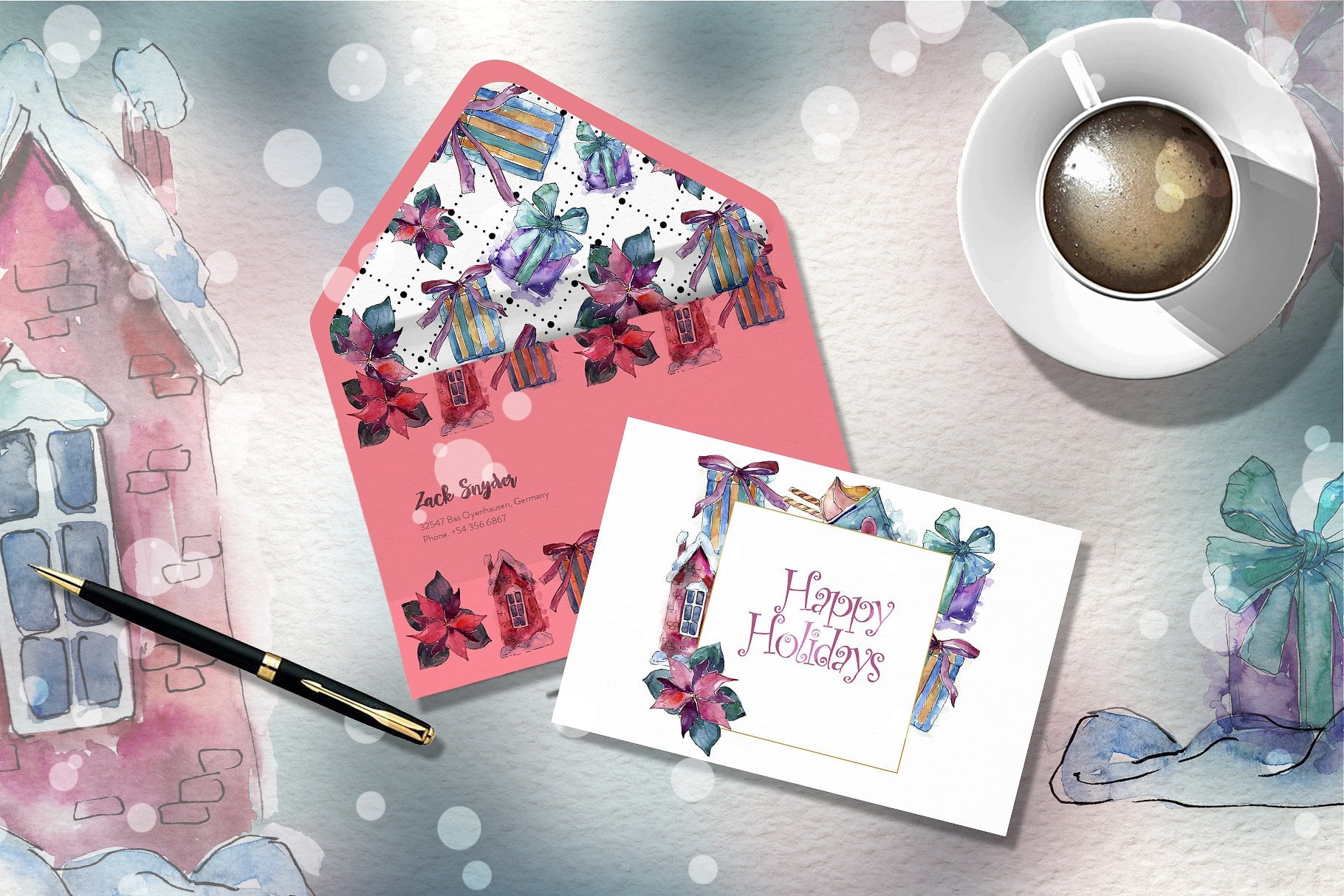 Pink envelope with Christmas elements.