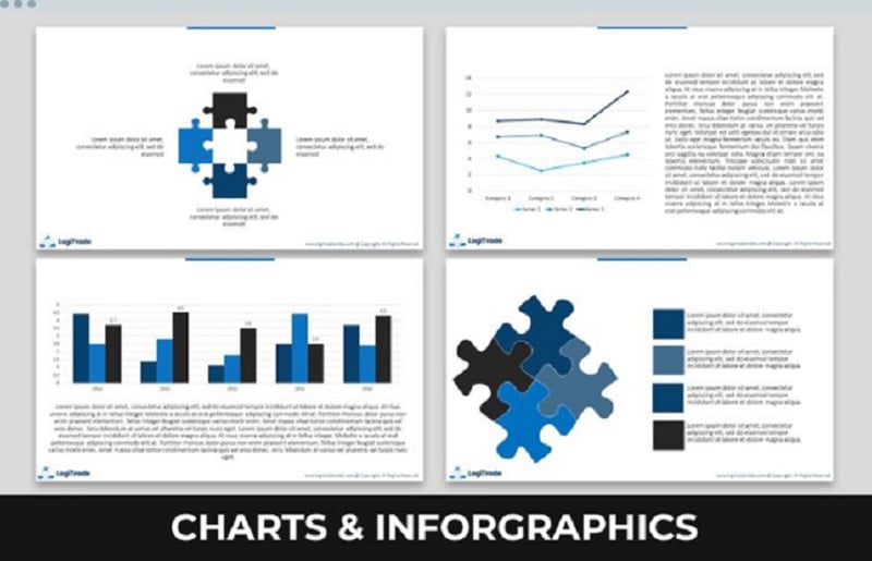 Black and blue charts and infografics.