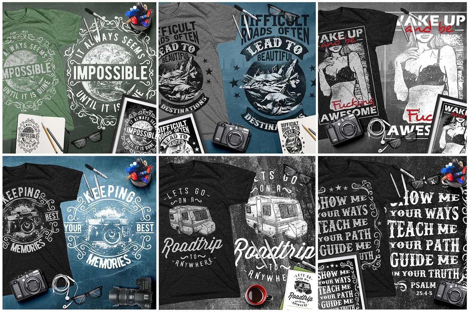 T-Shirt Design Bundle in grey color with themed images.