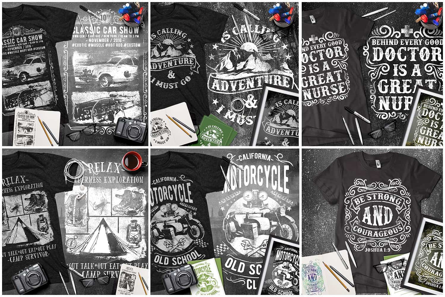 Black and grey t-shirts with motivation phrases and atmospheric pictures.