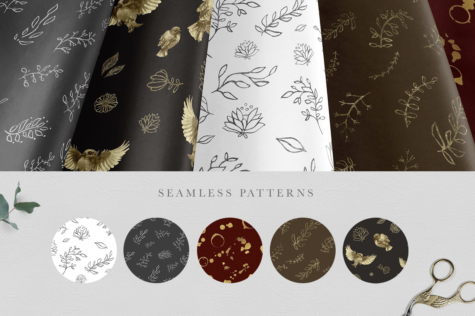 Premium elements with flowers, birds and leaves to decorate fabrics.