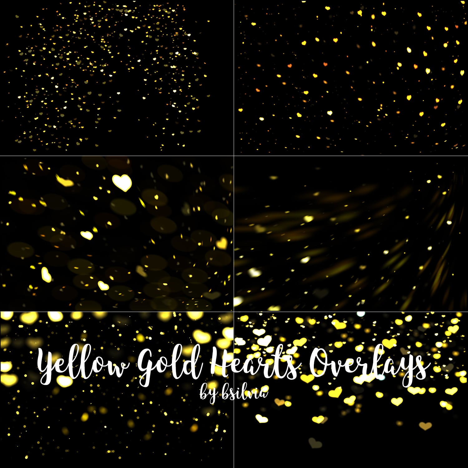 Yellow Gold Hearts Bokeh Overlays