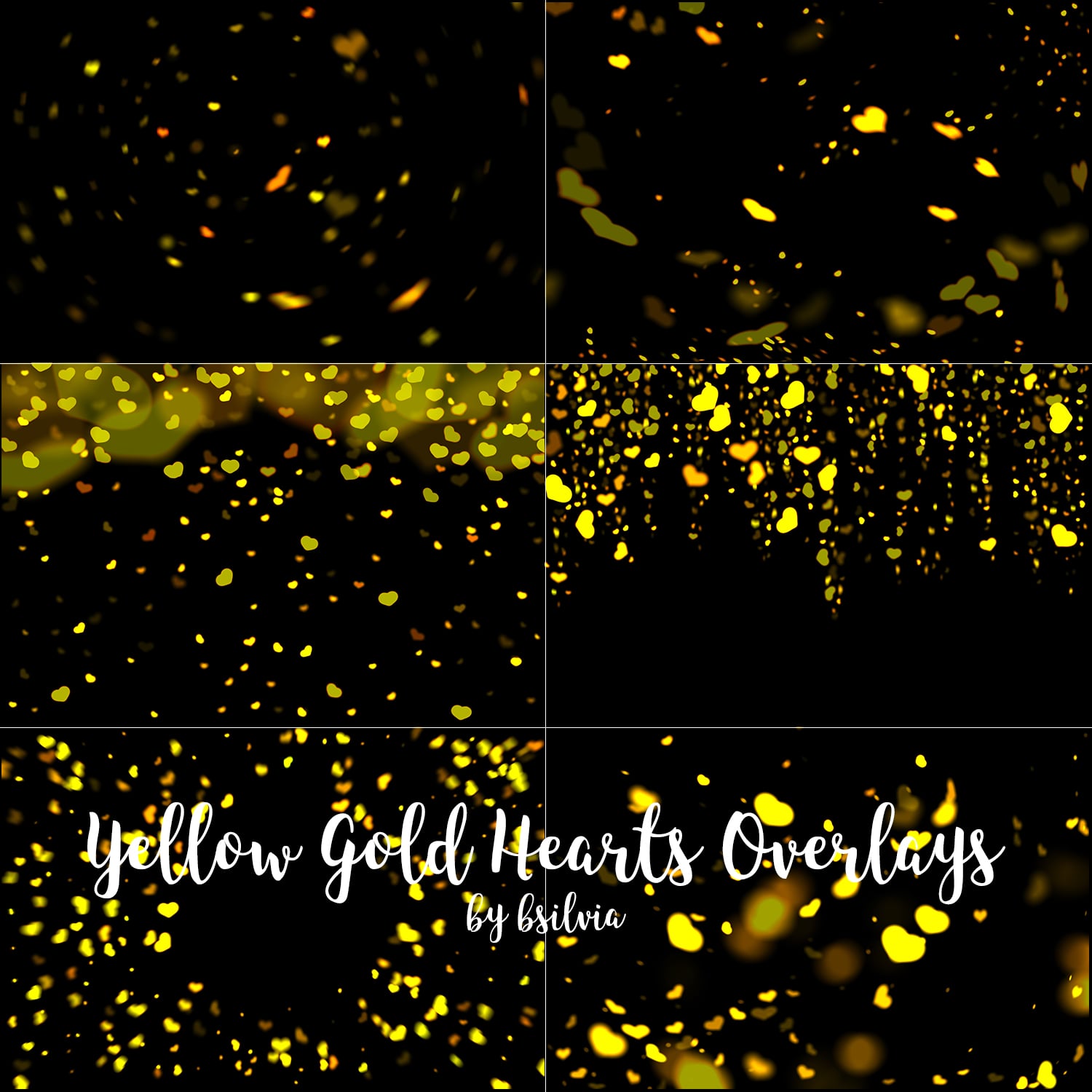 Yellow Gold Hearts Bokeh Overlays