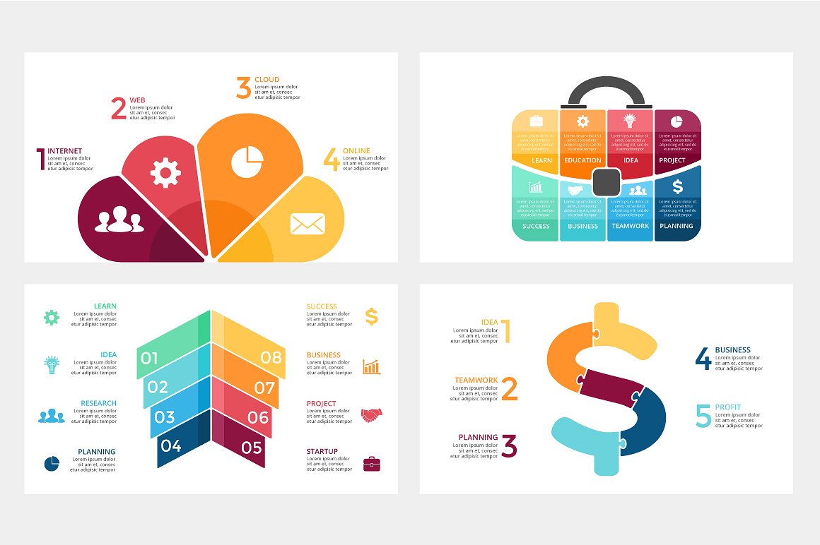 Infographics with petals, in the form of a suitcase, a dollar, etc. can all be part of your presentation.