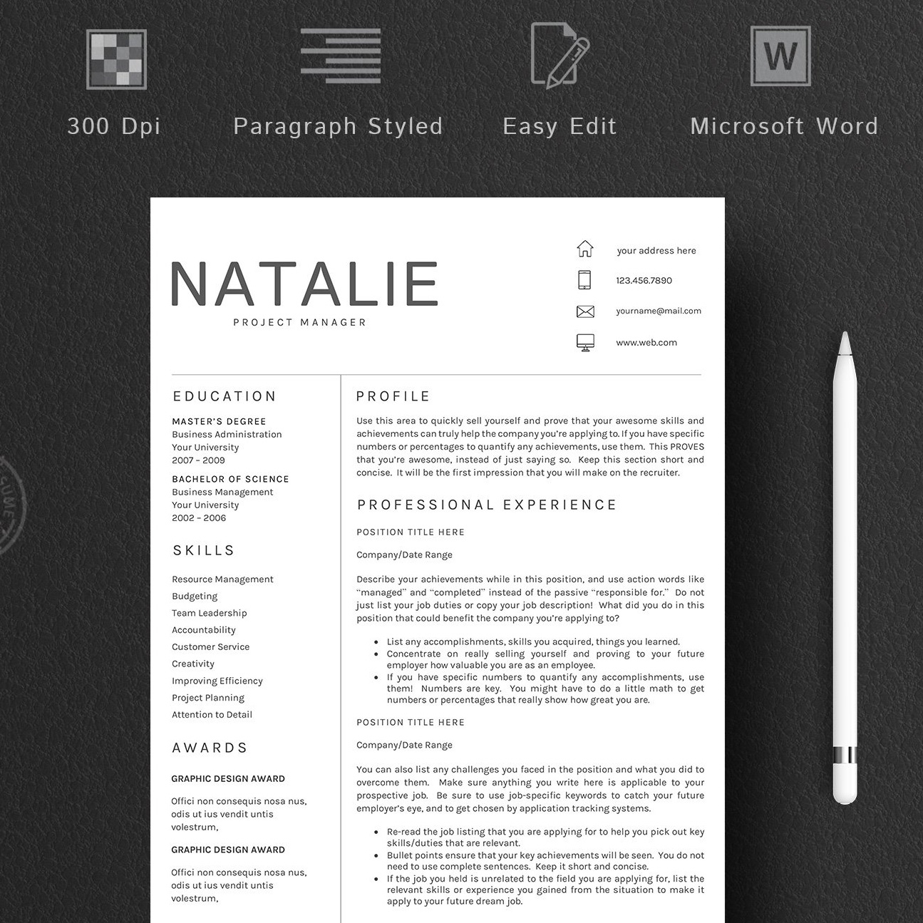 Resume Word Template 5 Pages/CV [DOC, PDF] – $9