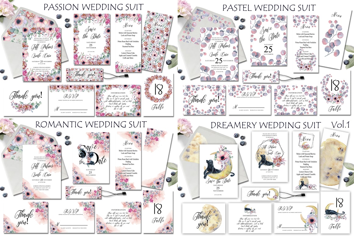 Invitations with an abundance of flowers and other prints.