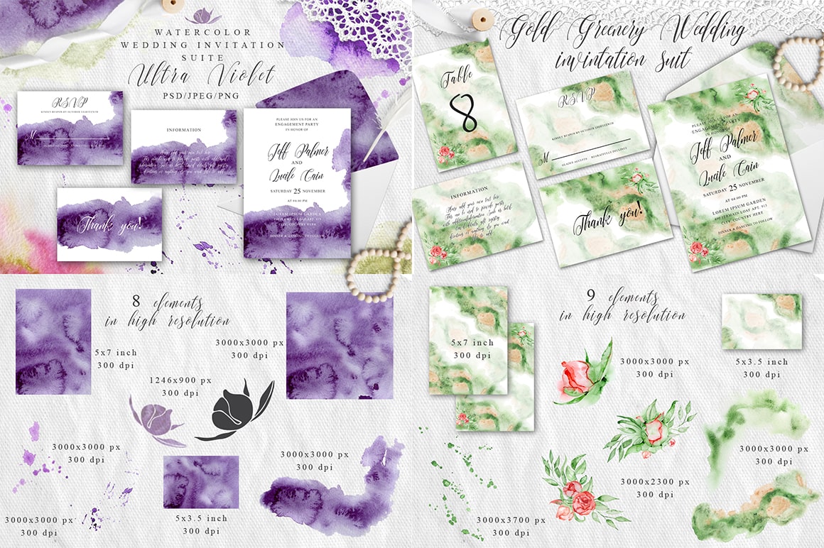 Purple and light green invitations echo the colors of nature - the color of the sky at sunset and the grass in spring.