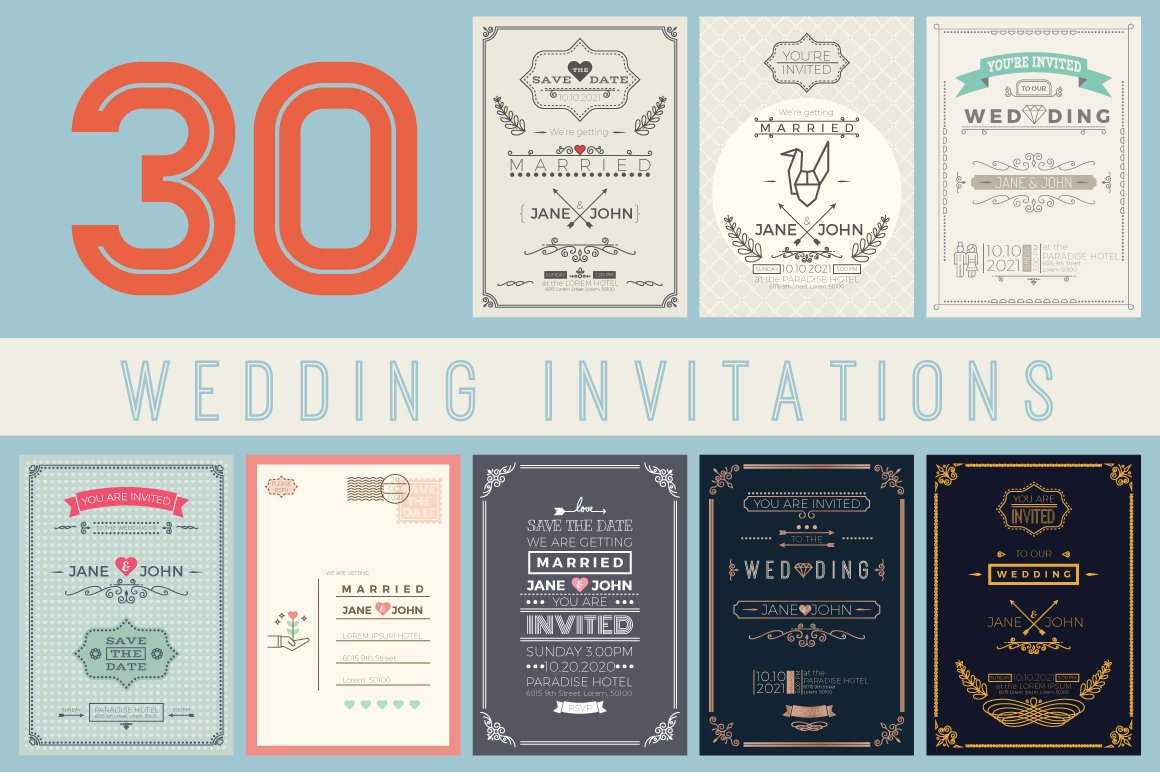 30 Wedding Invitation Templates Card Set in vintage and minimal style