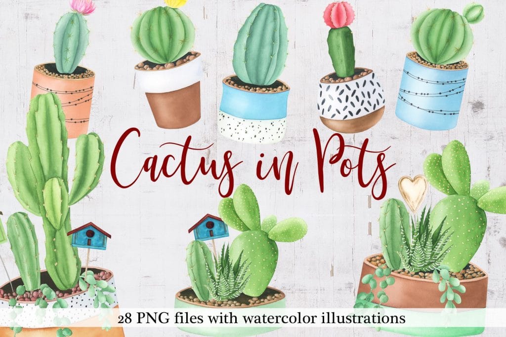 Watercolor Cactus in Pots.