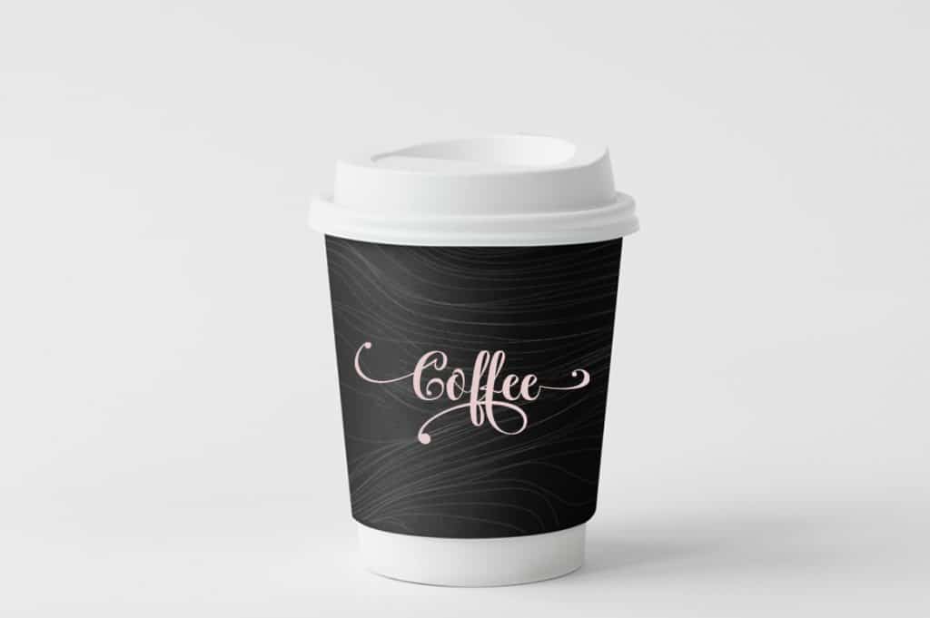 Paper cup with black label.