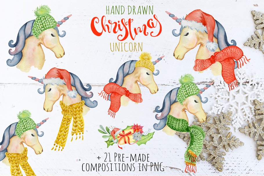 These are lovely watercolor unicorns with different hats and scarves.