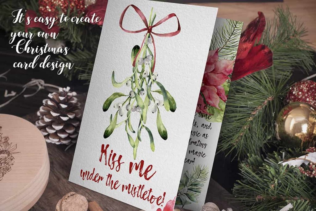 Matte Christmas card with watercolor pine branch.
