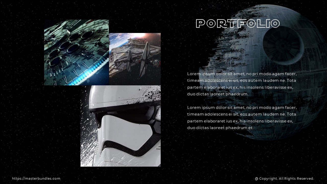 Slide with text box on the right, and 3 images of space objects and the Stormtrooper from Star Wars.