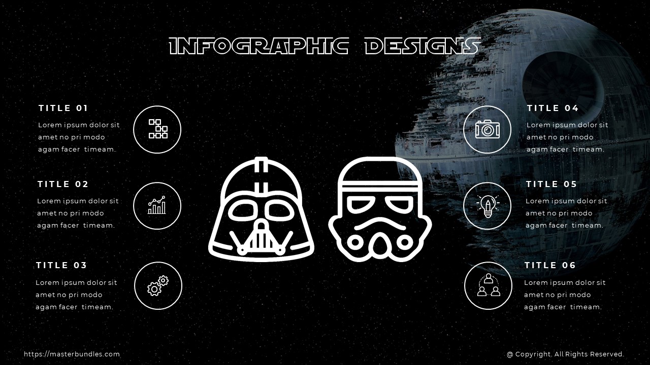 Slide with 6 round icons and text, and two contour images of Darth Vader and Stormtrooper.