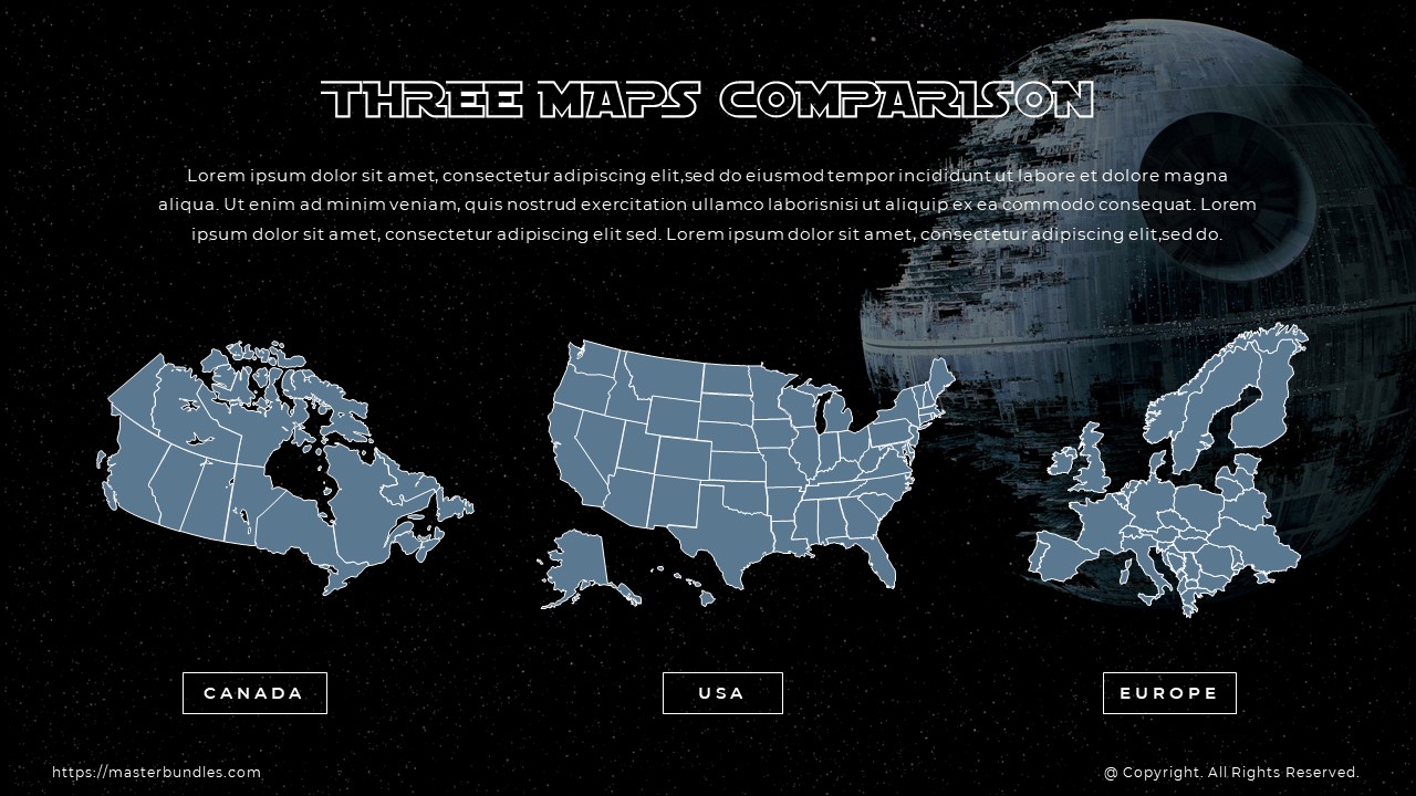 3 gray and blue maps with country captions under each, and text above the maps.