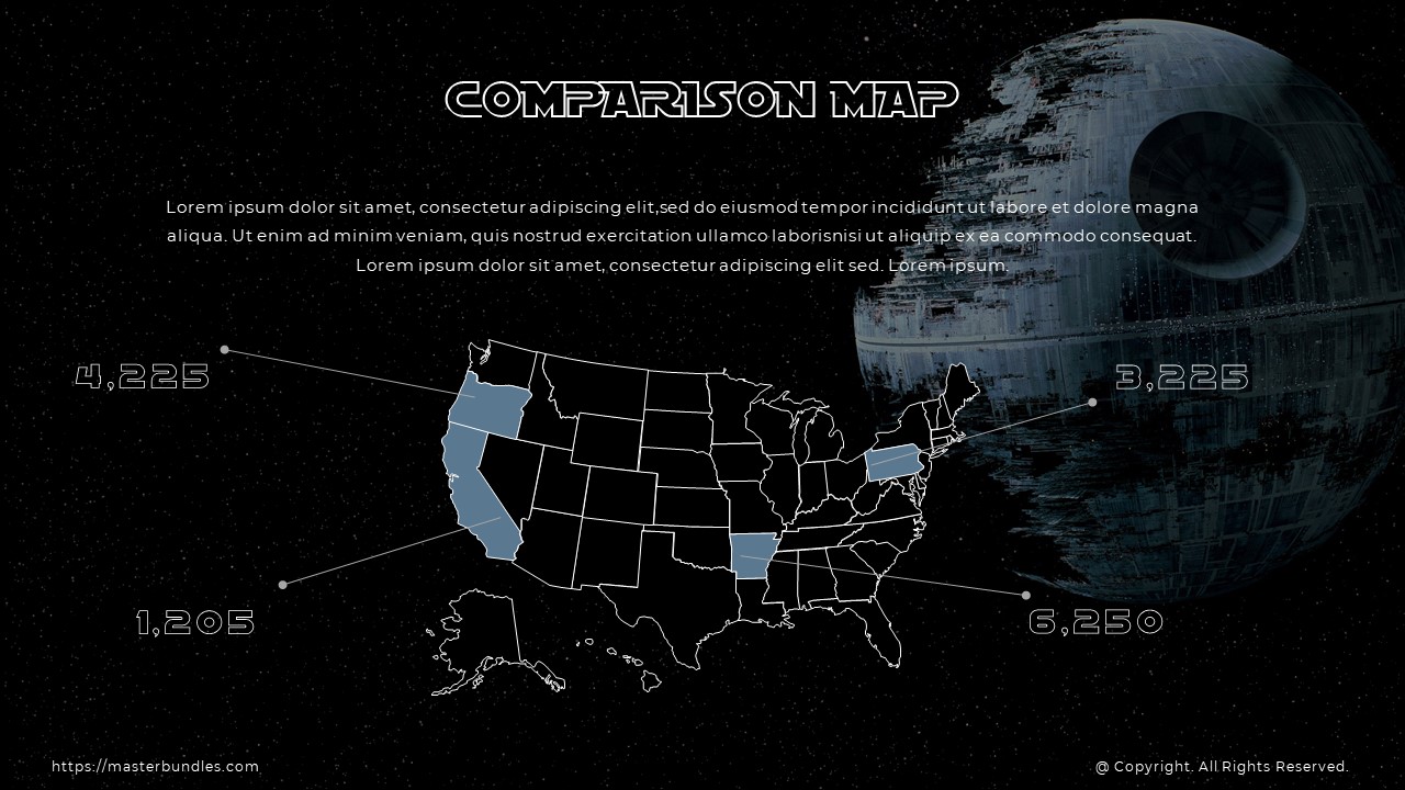 Black and gray country map on starry background with marks on it, and text box at the top.