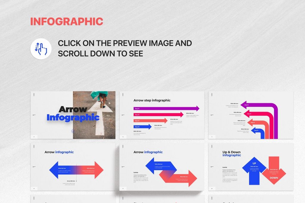 This template features a large collection of arrow infographics.