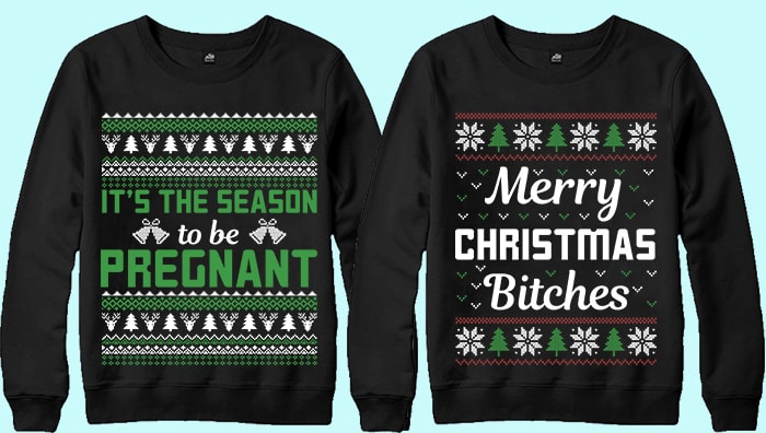 Christmas sweater with colorful lettering.