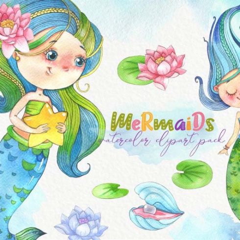 3 Mermaid Watercolor Characters & Clipart
