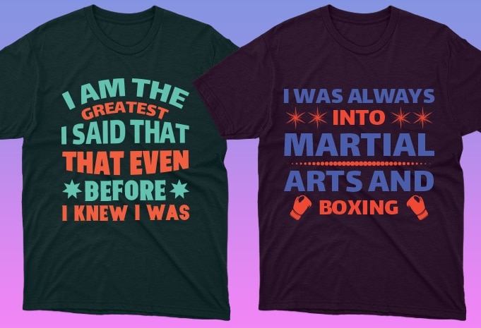 Green and purple boxing t-shirts with lettering.