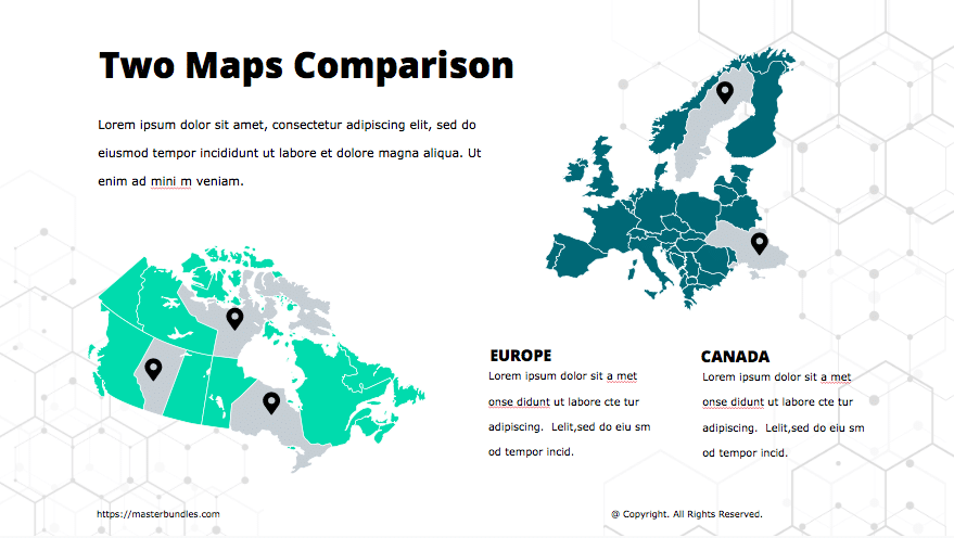Slide with comparison of 2 countries maps in turquoise and dark sea colours.