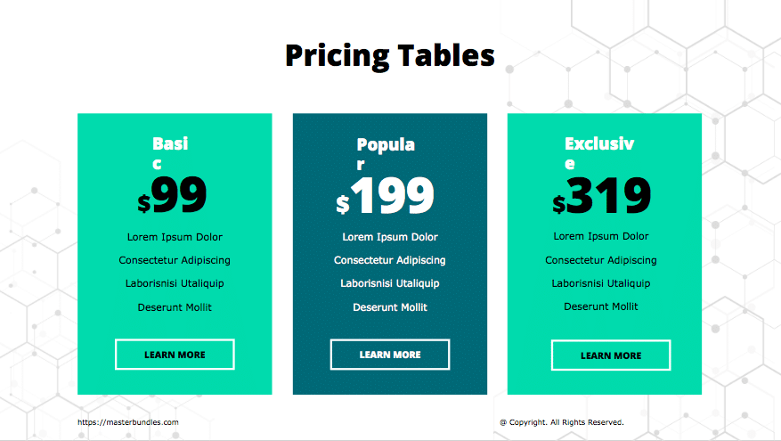 3 price tables in turquoise and dark sea colours on white background.