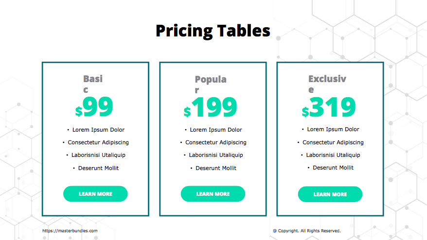 Price tables on white background in dark green frame with large bold turquoise numbers.