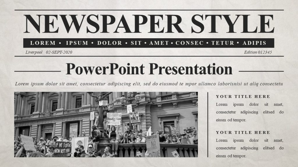 Main newspaper template slide with a bold title, and typical newspaper text blocks.