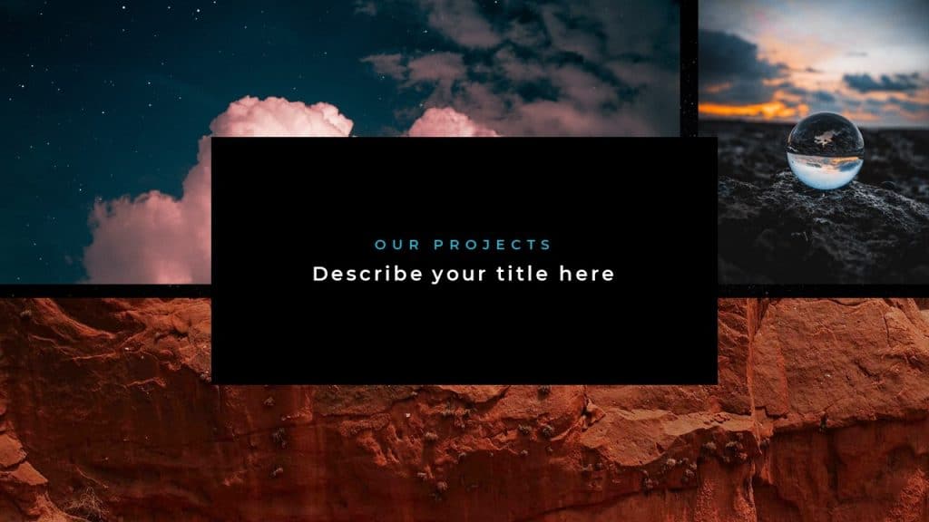 Slide with a background of 3 photos of earth rocks, and sky, and black text block in the centre.
