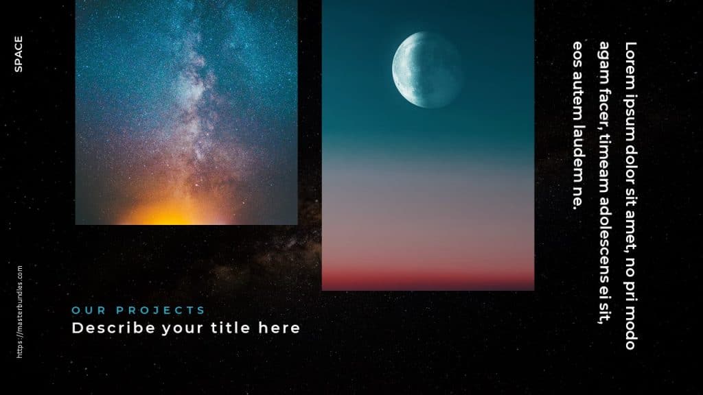 Slide with horizontal text on the right, starry sky and moon images, and text at the bottom.