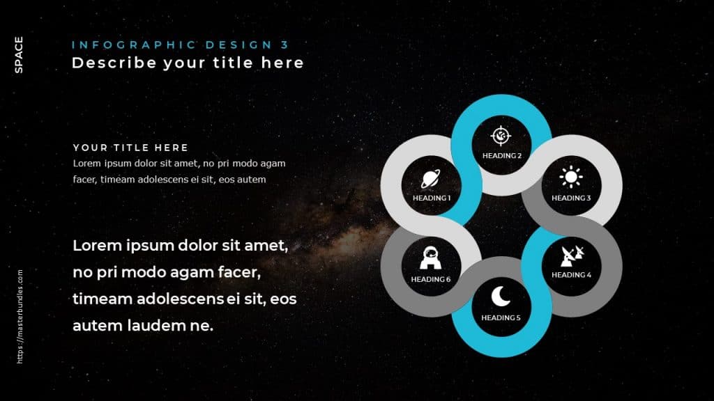 Slide with dark space background with text and white grey and blue diagram on the right.