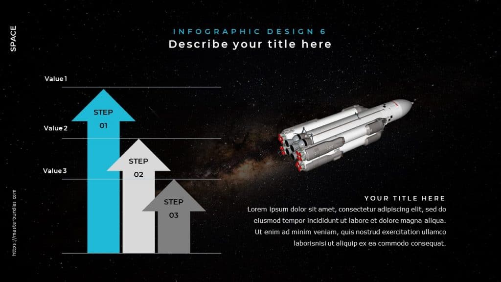 Slide with starry sky, rocket motion image and text underneath it, on the left is infographics.