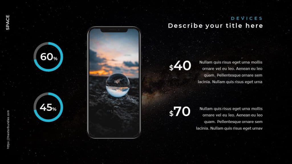 Slide on a space starry sky background with text on the right and sky image on a smartphone.
