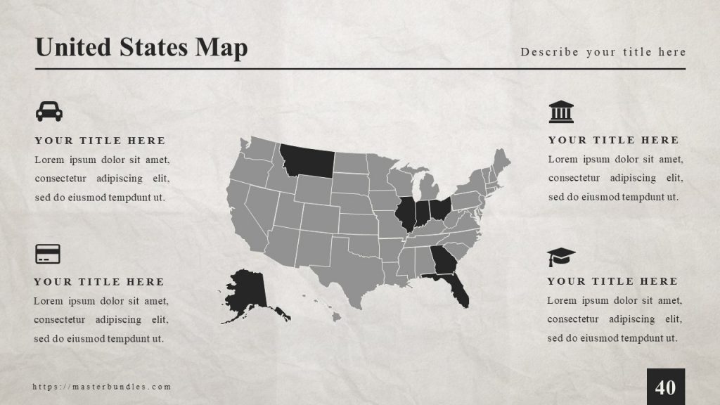 Black gray USA map, and black icons on the sides with text blocks.