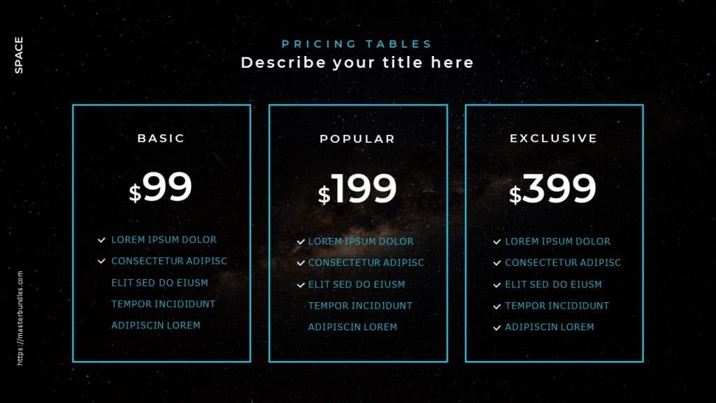 Slide on starry background with price tables in transparent text blocks.