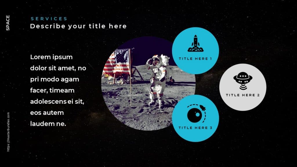 Slide with cosmic star background and astronaut image on the planet surface, and 3 icons around it.