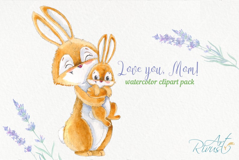 Watercolor hare with a small bunny. Great for Mother's Day cards.