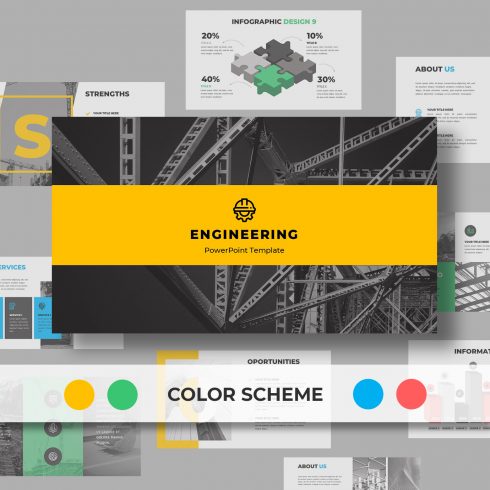 Engineering PowerPoint template available in blue, yellow, red, and green color schemes.