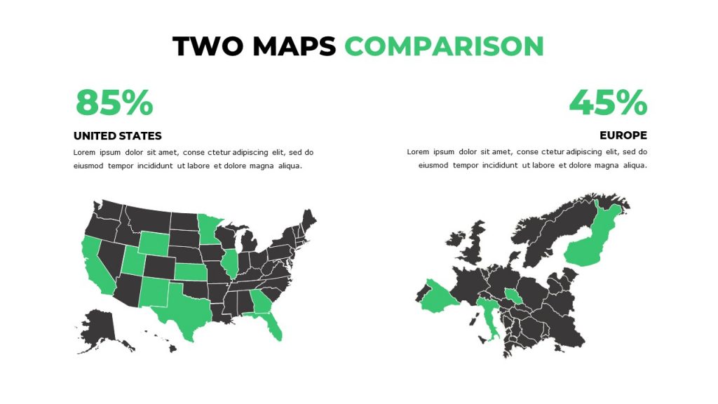 Black and green maps of the USA and Europe with text blocks above each of them.