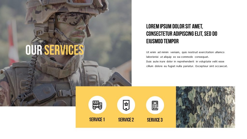 Our Services slide with a big military photo on the left and text box in front of it.