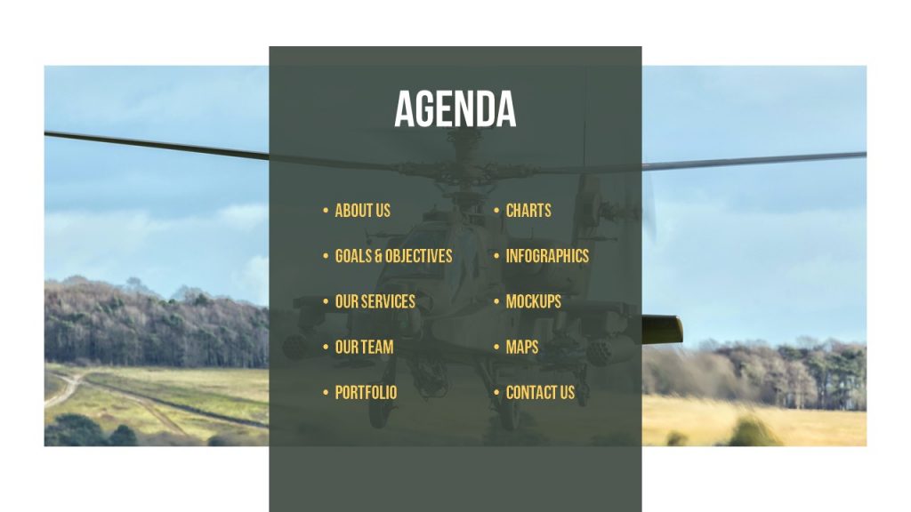Variants of slides that contain Military PowerPoint Template on the military helicopter background.