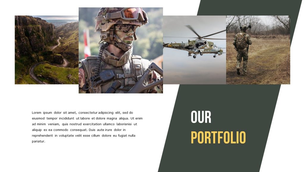 Our Portfolio slide with images on top of the slide, and text box at the bottom left.