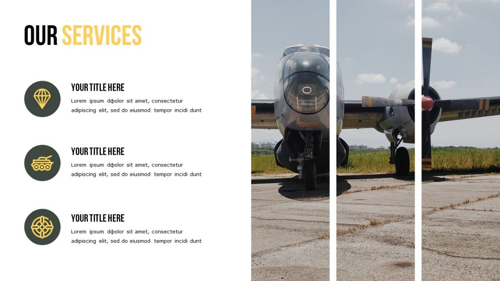 Slide Our Services with a text area on the left, and a helicopter picture on the right.