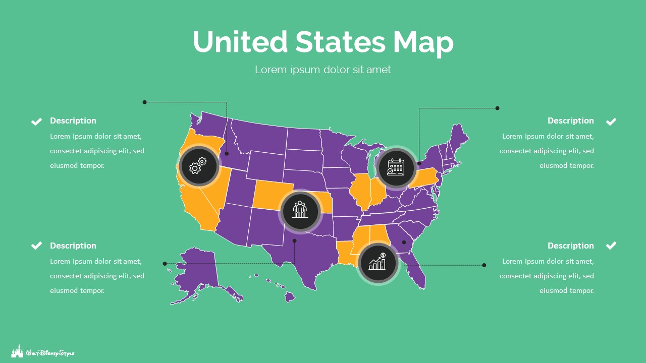 Green background and centered map of the USA with purple and yellow states.