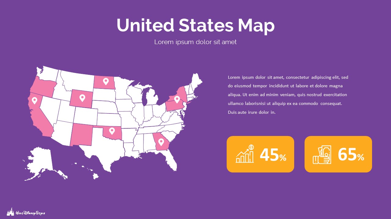 Purple background with a map of the United States and indicated states.