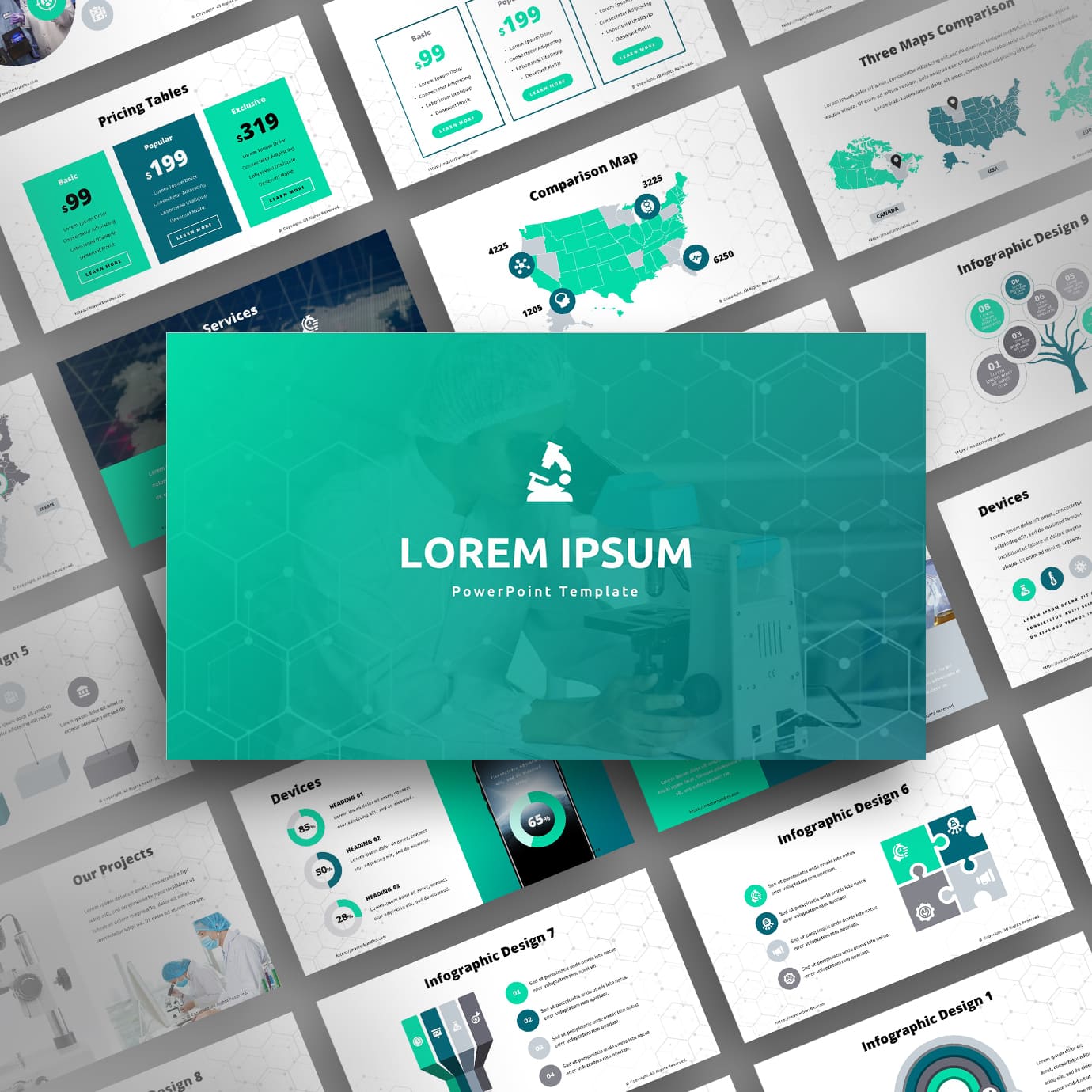 Science PowerPoint presentation template with different variations of slides.