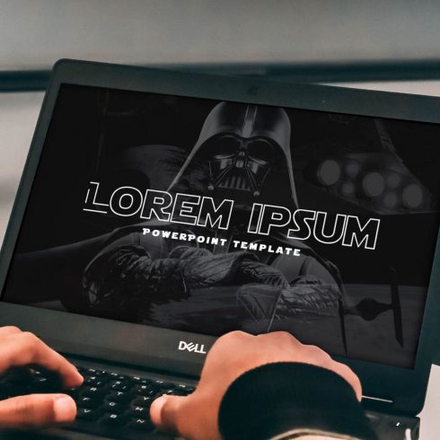 Notebook with Star Wars style presentation. Two hands on the keyboard.