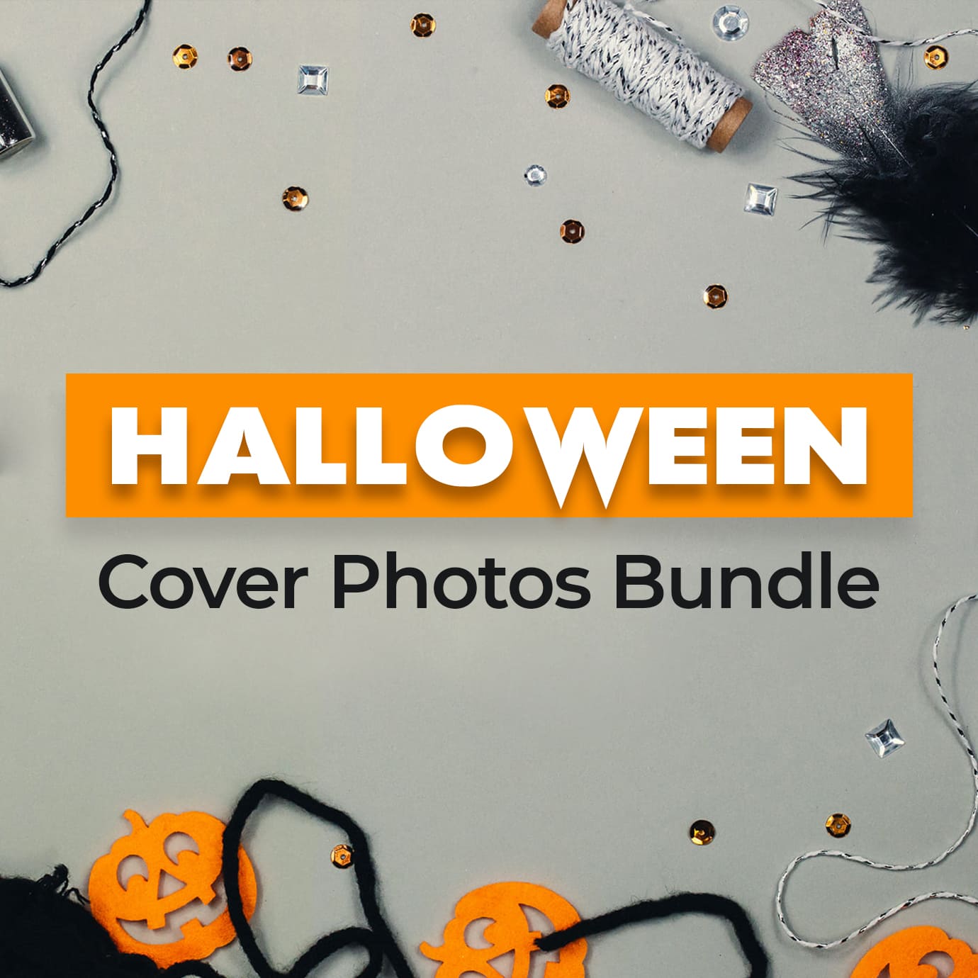 Halloween Cover Photos. Silvery threads, pumpkin figurines and sparkles on a gray background.